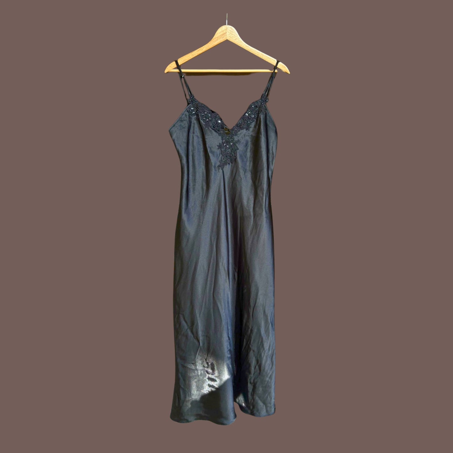 Vintage California Dynasty Beaded Satin Slip Dress – 90s Coquette Noir