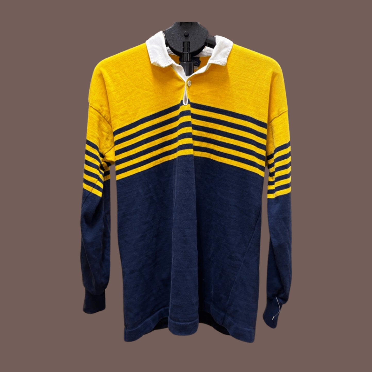 Vintage Canterbury NZ Rugby Shirt – Gold & Navy Striped 90s Collegiate Classic