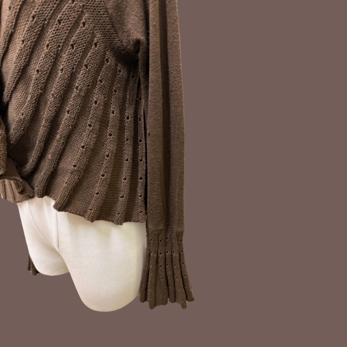 Vintage Ruffle Trim Women's Brown Knit Cardigan - Size L