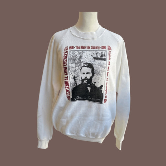 Jerzees Men's White Vintage The Melville Society 1991 Print Sweater Size L