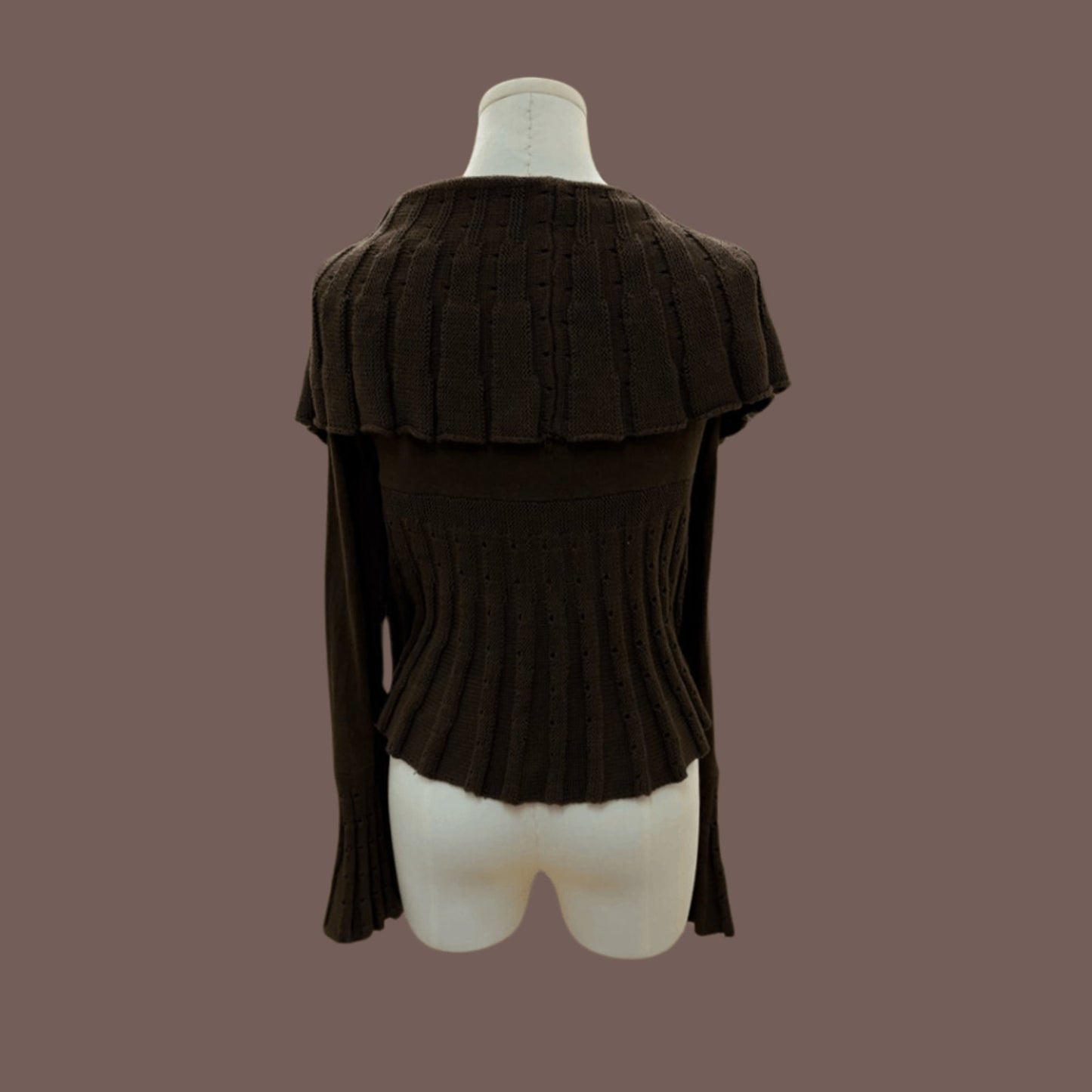 Vintage Ruffle Trim Women's Brown Knit Cardigan - Size L
