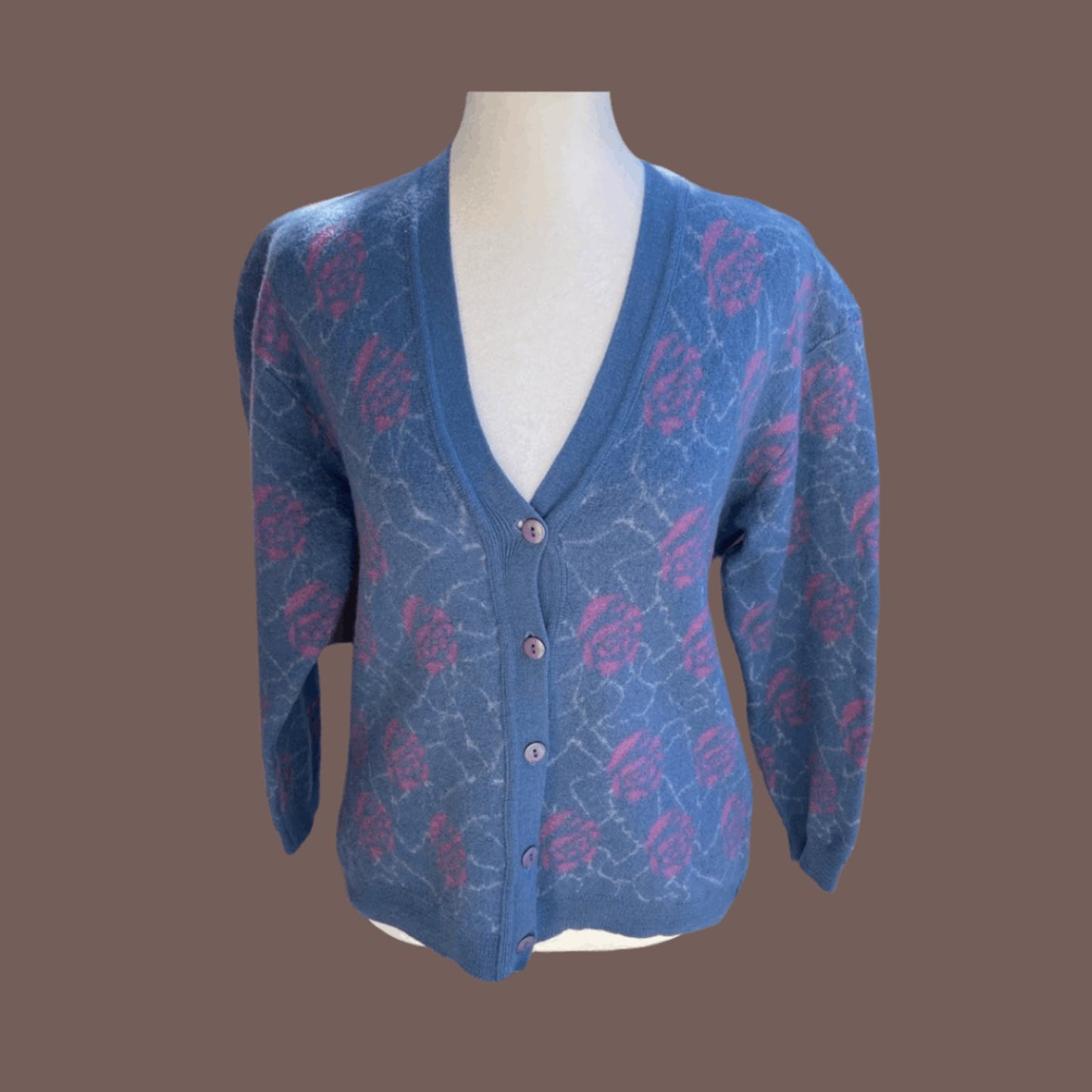 Vintage Camela Blue Floral Wool Cardigan – 70s Light Academia