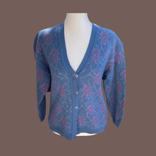 Vintage Camela Blue Floral Wool Cardigan – 70s Light Academia
