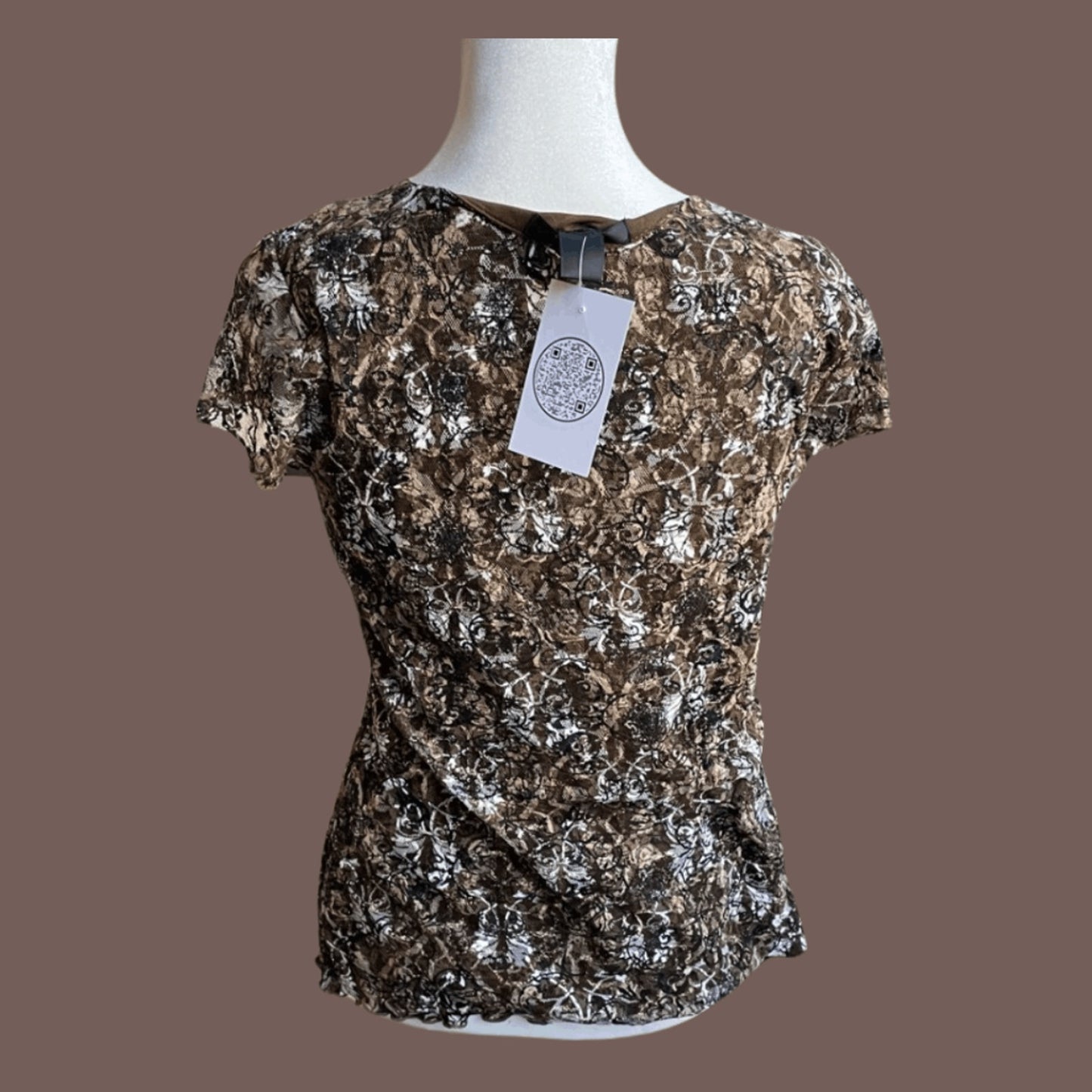Vintage Style & Co. Mesh Peplum Top – Y2K Earthtone Abstract Romance