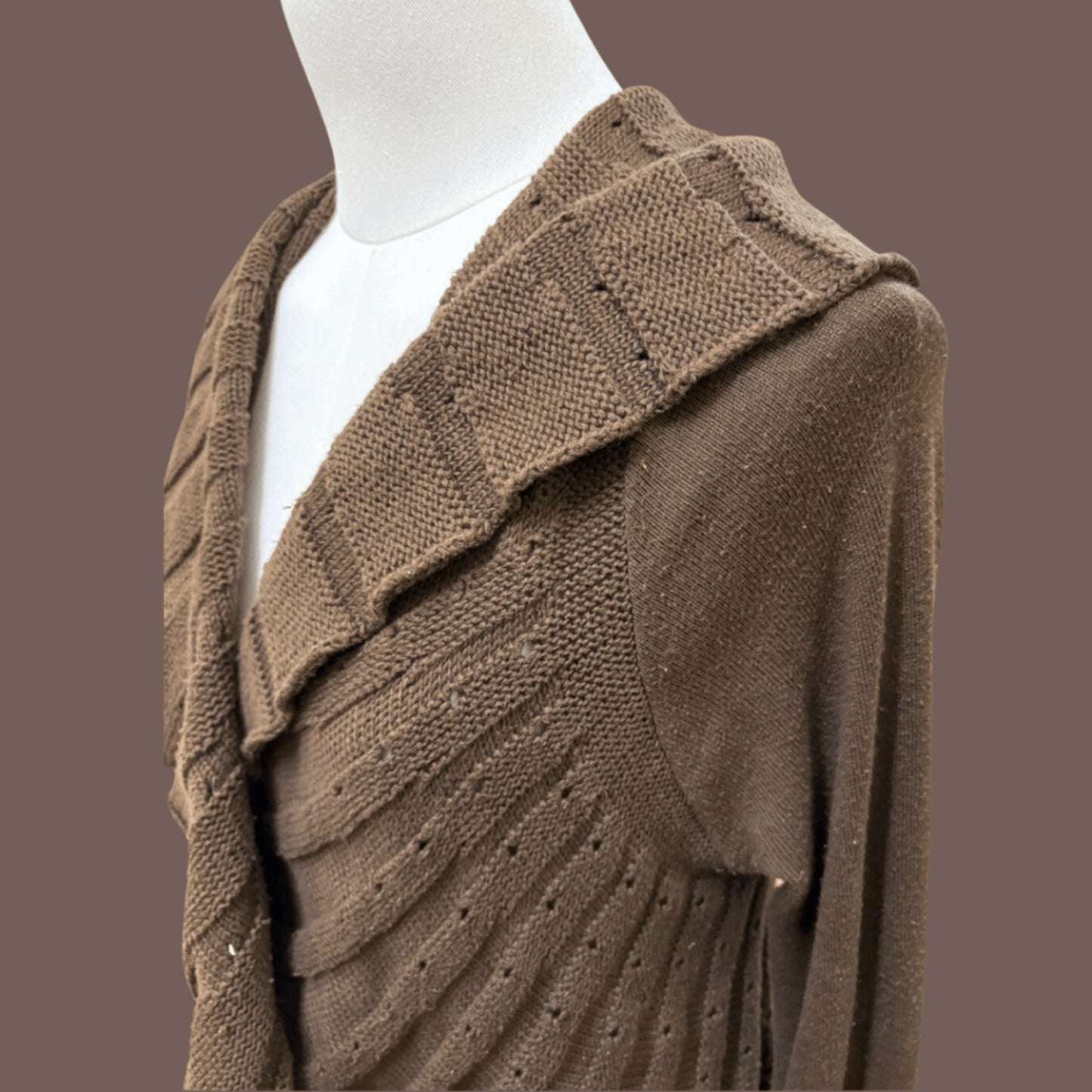 Vintage Ruffle Trim Women's Brown Knit Cardigan - Size L