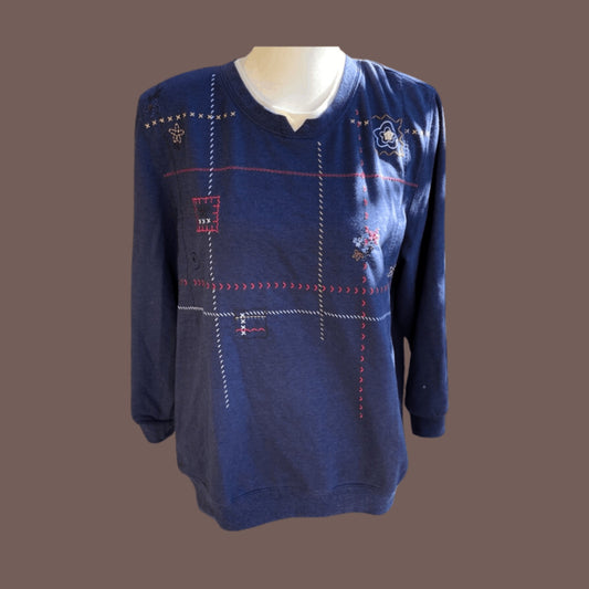 Vintage Koret Embroidered Navy Sweater – 90s Cottagecore Patchwork