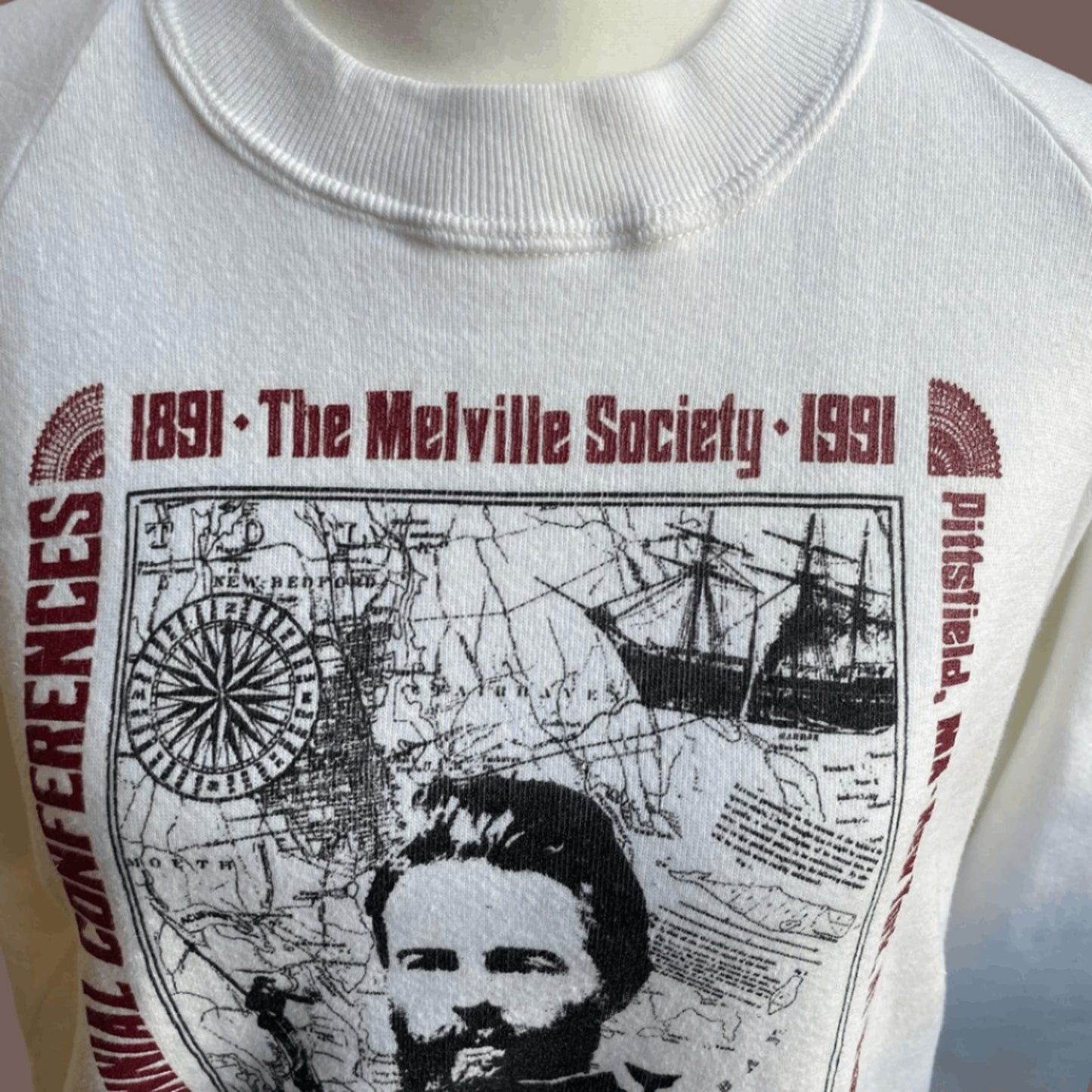 Jerzees Men's White Vintage The Melville Society 1991 Print Sweater Size L
