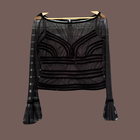 Vintage JS Collections Sheer Velvet Mesh Top – 2000s Romantic Glam