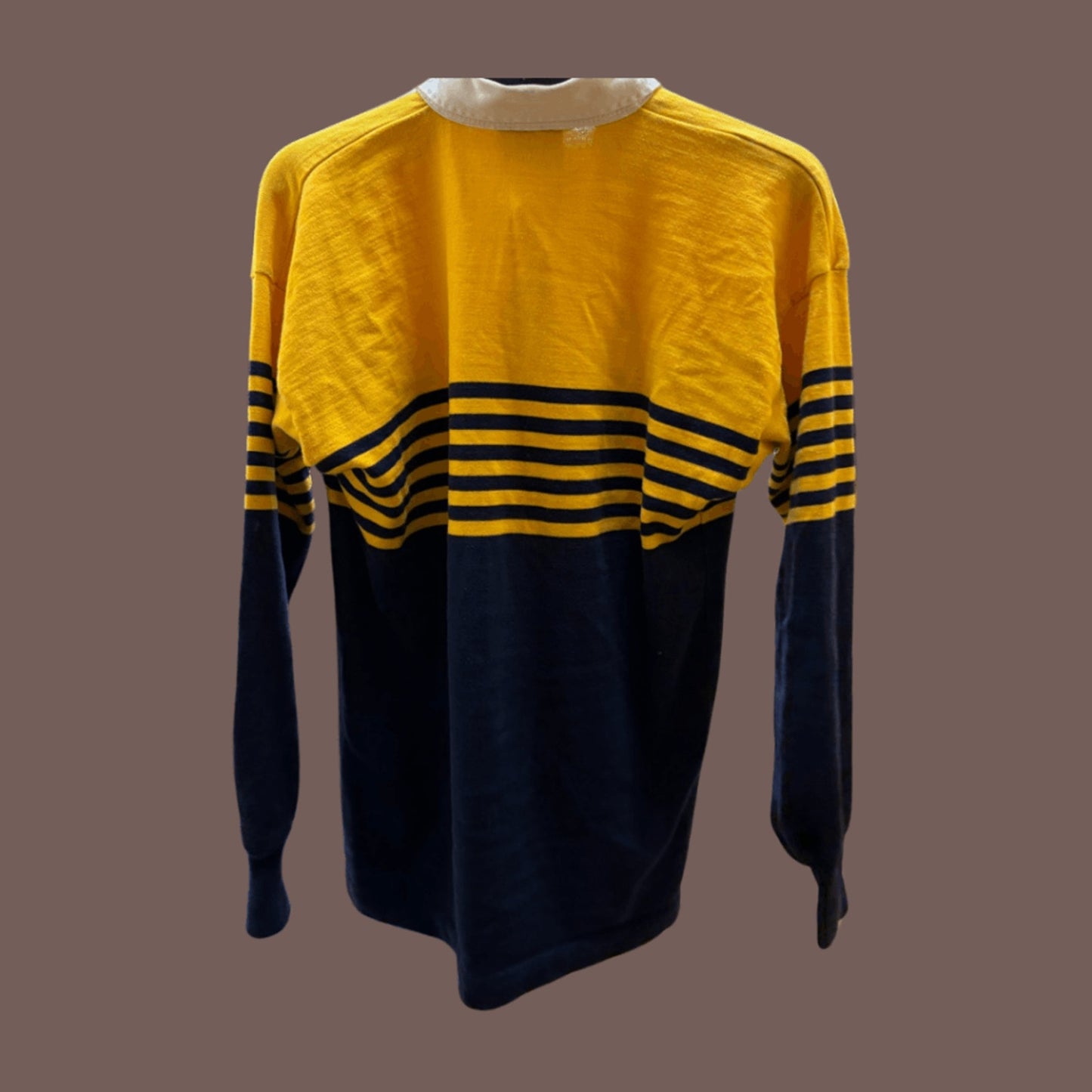Vintage Canterbury NZ Rugby Shirt – Gold & Navy Striped 90s Collegiate Classic