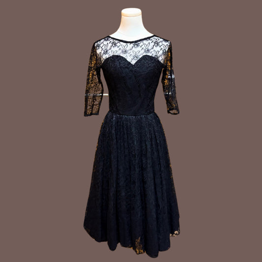 Vintage 1950s Black Floral Lace Fit & Flare Cocktail Dress w/ Talon Zipper Size XS