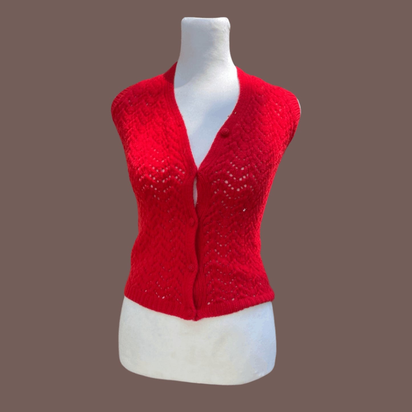 Vintage Handmade Red Knit Sleeveless Vest – 90s Boxy Fit