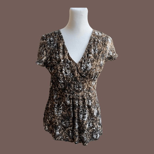 Vintage Style & Co. Mesh Peplum Top – Y2K Earthtone Abstract Romance