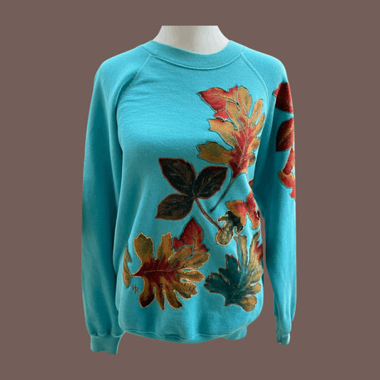 Vintage Hanes Hand-Painted Leaf Sweatshirt – 90s Cottagecore Folk Art