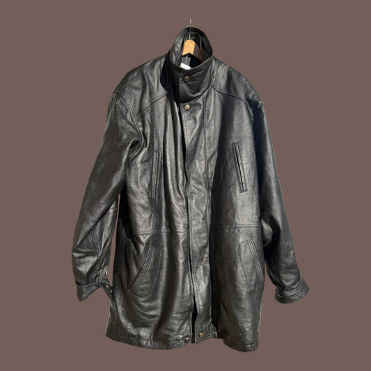 Vintage Charles Klein Black Leather Coat – 90s Minimalist Oversized