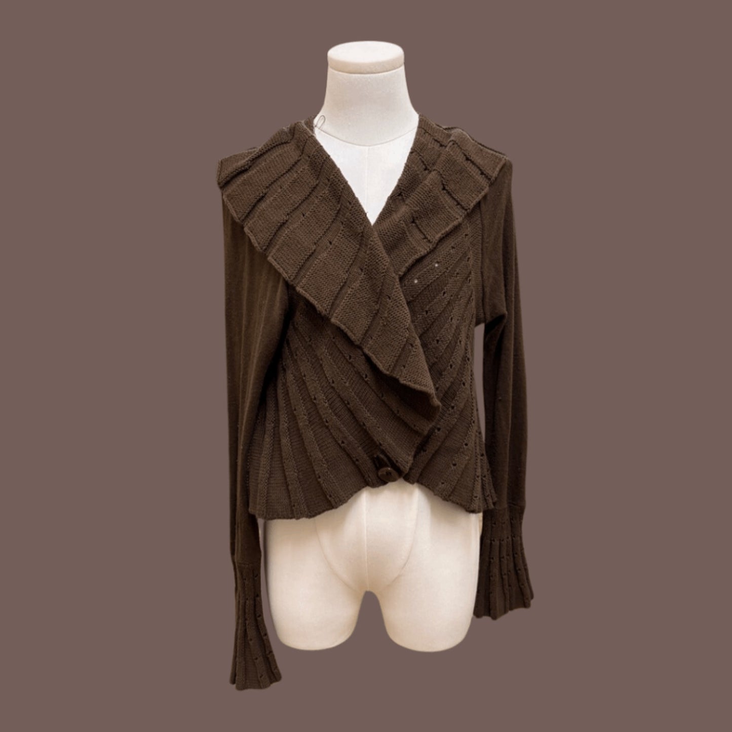 Vintage Ruffle Trim Women's Brown Knit Cardigan - Size L