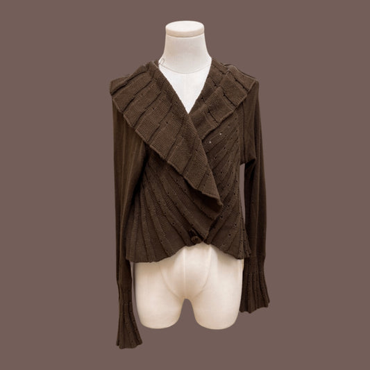 Vintage Ruffle Trim Women's Brown Knit Cardigan - Size L